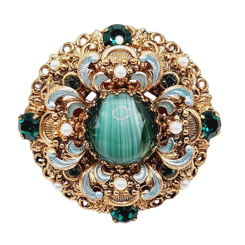 Vintage West Germany Green Glass Cabochon Filigree Brooch 1950s